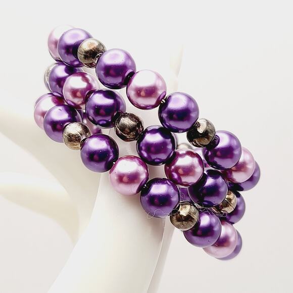 Vintage 1950s Purple Faux Pearl Memory Wire Bracelet - Picture 4 of 10